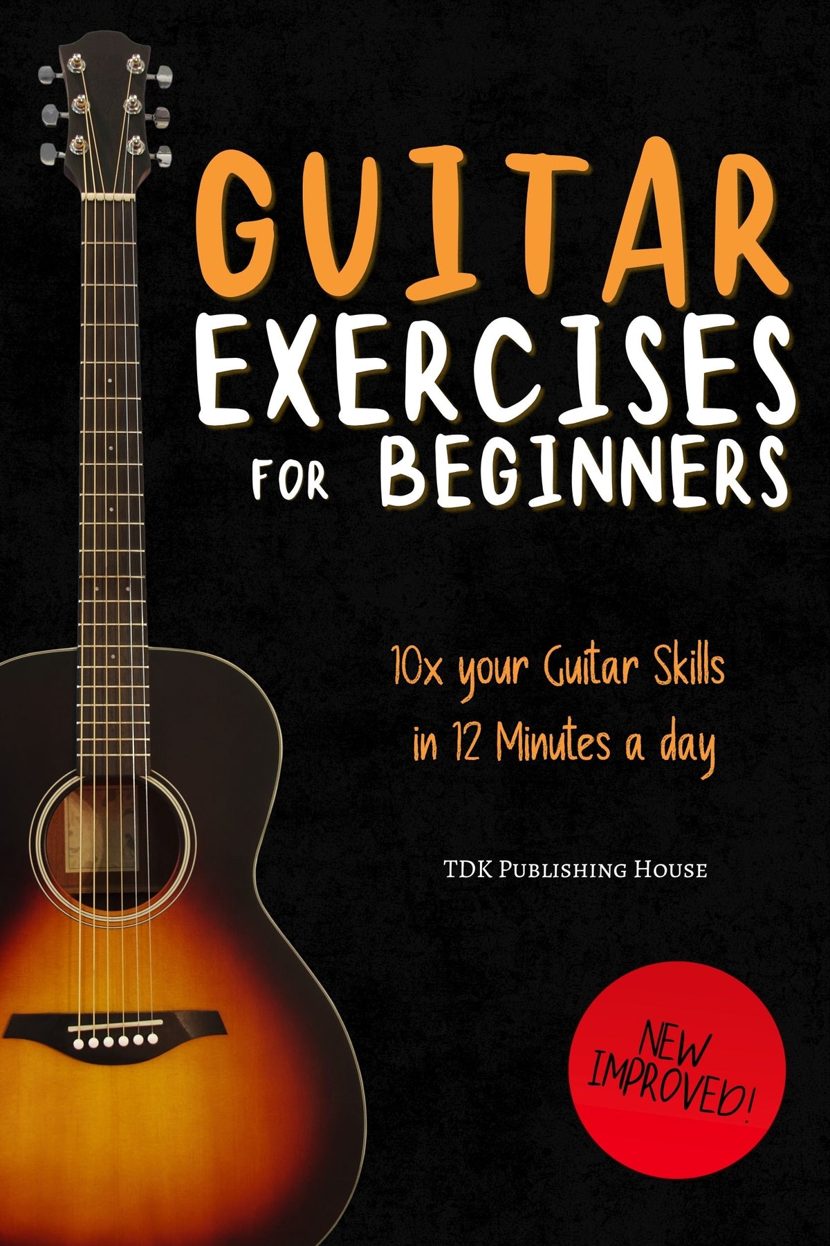 Learn in 12 Guitar Exercises for Beginners book cover featuring a guitar and text about improving skills in 12 minutes a day.